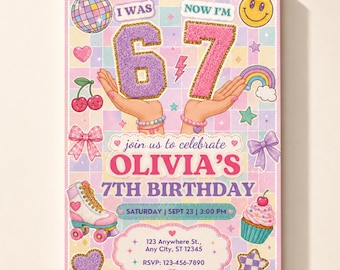 Puede incluir: Una tarjeta de invitación de cumpleaños con un fondo de cuadros pastel y el texto I WAS 6 NOW I'M 7, join us to celebrate OLIVIA'S 7TH BIRTHDAY, SATURDAY | SEPT 23 | 3:00 PM, 123 Anywhere St., Any City, ST 12345, y RSVP: 123-456-7890.