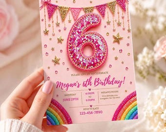 Puede incluir: Invitación de cumpleaños rosa con un gran número 6 brillante. La invitación incluye el texto "Megan's 6th Birthday!" y detalles de la fiesta. Estrellas doradas y un arcoíris decoran la invitación.
