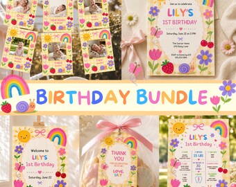 Puede incluir: Un conjunto de fiesta de cumpleaños con temática de cuadros vichy amarillos e ilustraciones de soles, arcoíris, flores, fresas y caracoles. Incluye tarjetas de hitos fotográficos, invitación, letrero de bienvenida, etiqueta y póster de hitos.