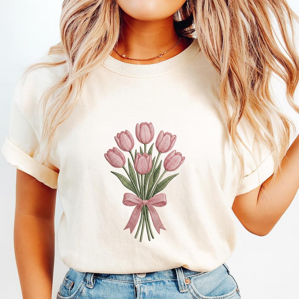 Pink Tulip Bouquet Embroidery Design, Spring Floral Machine Embroidery ...
