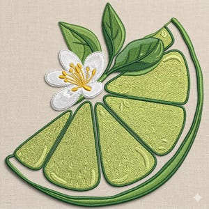 Diseño de bordado de rodaja de lima con flor, fruta cítrica, archivo de bordado a máquina de limón y lima frescos, 5 tamaños, descarga instantánea
