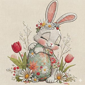Könnte beinhalten: Gesticktes Bild eines weißen Hasen mit Blumenkranz, der ein dekoriertes Osterei umarmt. Das Ei ist mit Blumen geschmückt und der Hase ist von roten Tulpen und Gänseblümchen umgeben. Der Hintergrund ist hellbeige.