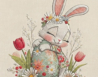 May include: Embroidered image of a white bunny with a floral crown, embracing a decorated Easter egg. The egg is adorned with flowers and the bunny is surrounded by red tulips and daisies. The background is a light beige.