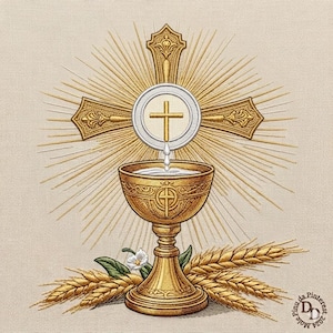 Op de afbeelding: Geborduurd religieus ontwerp met een gouden kelk, kruis en hostie met een stralende achtergrond. Tarwearen en een witte bloem bevinden zich aan de basis. Het ontwerp staat op een beige stof.