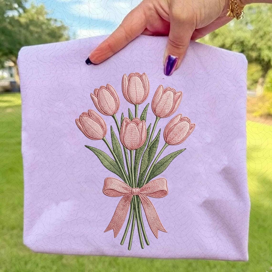 Pink Tulip Bouquet Embroidery Design, Spring Floral Machine Embroidery ...