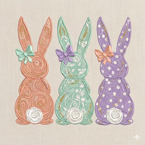 Easter Bunny Embroidery Design, Pastel Bunny Trio with Bow, Floral Bunny Rabbit, Spring Easter Machine Embroidery , 5 Size, Instant Download