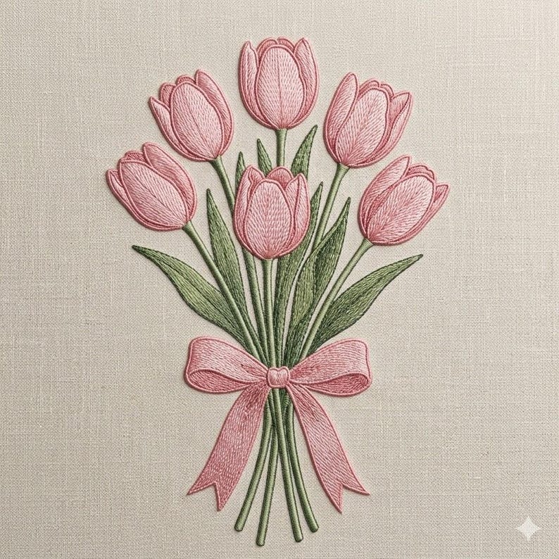 Pink Tulip Bouquet Embroidery Design, Spring Floral Machine Embroidery ...