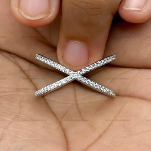 Pave X Diamond Ring 14k Solid Gold Criss Cross Moissanite Ring Round Diamond Eternity Ring Minimalist Jewelry Double Band Ring Gift for Her