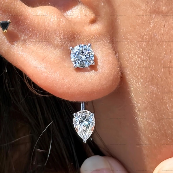 Ear Jacket Earrings, Solitaire Front Back Earrings, Dainty 14K Gold Teardrop Ear Jacket Earrings, Pear cut Moissanite Earrings for Women