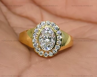Anello con sigillo Sunburst con diamante ovale di laboratorio, anello con sigillo per mignolo, anello con sigillo per mignolo unico, anello con sigillo per mignolo con moissanite taglio ovale e alone