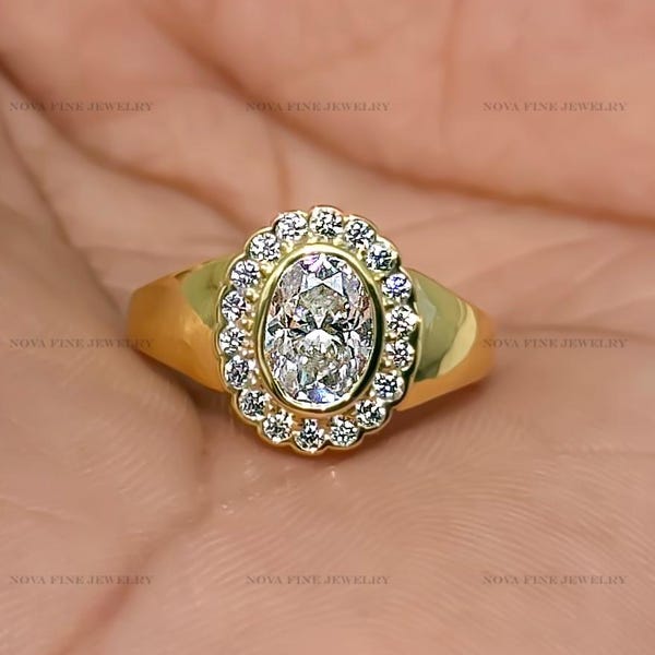 Sunburst Signet Ring Oval Lab Grown Diamond Halo Pinky Signet Ring Unique Pinky finger Signet Ring Oval Cut Halo Moissanite Ring
