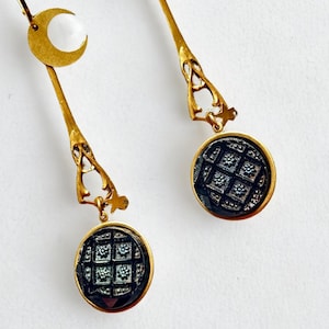 Antique Glass Button Crescent Moon and Stars Dangle Earrings