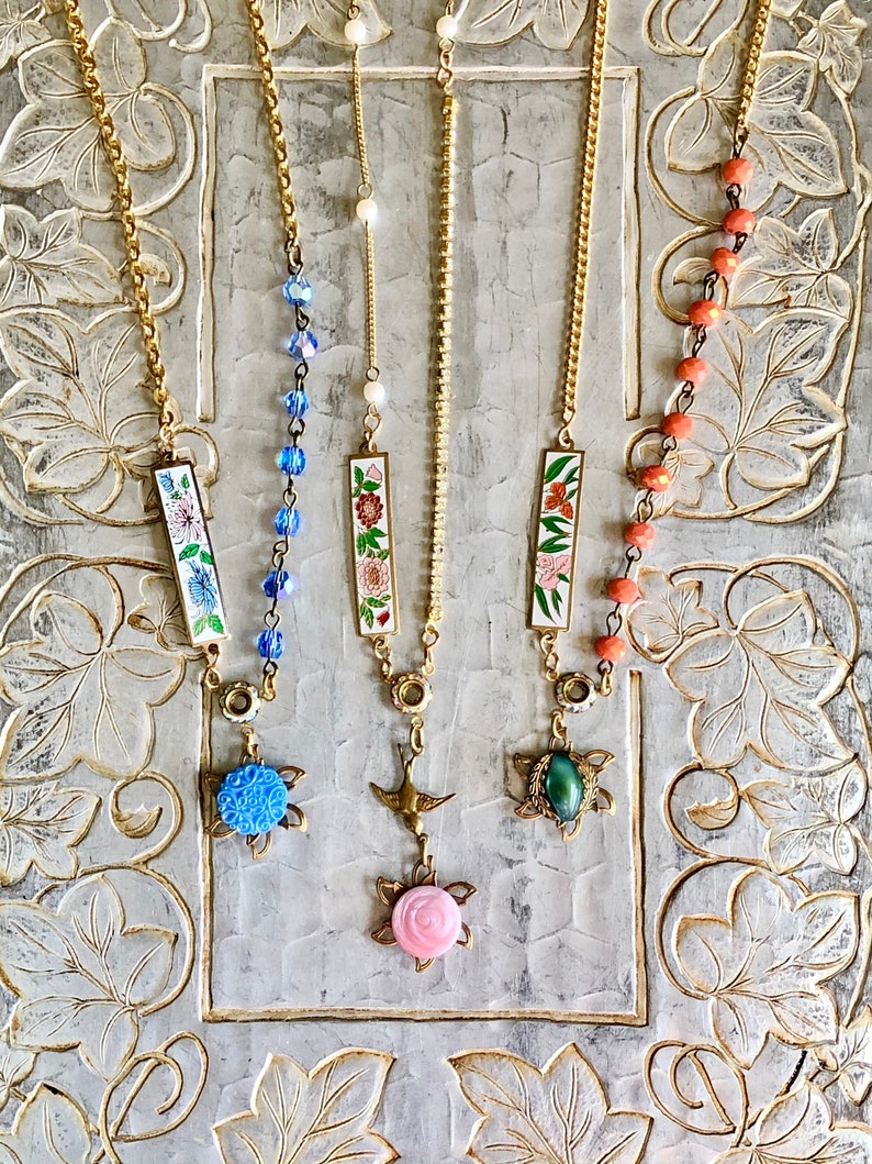 Vintage Joy Jewelry Vintage Button Necklace \u2013 Mixed Vintage Necklace \u2013 Artisan Button Necklace with Cloisonn\u00e9 \u2013 Flower Necklace