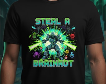 May include: Black t-shirt featuring a futuristic warrior with green laser swords, surrounded by skulls, bats, and other fantasy elements. The text "STEAL A BRAINROT" is displayed in green. The design has a vibrant, digital art style.