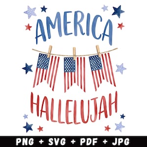 Può includere: Una grafica digitale con il testo blu AMERICA in alto e il testo rosso HALLELUJAH in basso. Tre gagliardetti con la bandiera americana sono appesi a un filo con mollette di legno, circondati da varie stelle di colore blu e rosso.