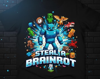 May include: Black t-shirt featuring a blue pixelated character surrounded by various pixelated creatures and objects. The text "STEAL A BRAINROT" is displayed in a blue, blocky font. The design has a video game theme.