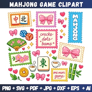 Puede incluir: Una colección de coloridos elementos de clip art del juego de Mahjong. Incluye fichas, dados, lazos, corazones, un abanico y el texto "cracks dots bams". El texto "MAHJONG GAME CLIPART" está en la parte superior. El texto inferior dice "PNG + SVG + PDF + JPG + DXF + EPS + AI".