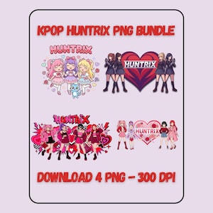 Puede incluir: Un paquete PNG digital con el texto "KPOP HUNTRIX PNG BUNDLE". La imagen presenta múltiples ilustraciones de personajes de estilo anime en varias poses y atuendos. La palabra "HUNTRIX" se muestra de forma destacada en múltiples lugares.