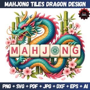 May include: A colorful illustration featuring a dragon design with the text "MAHJONG" in the center. The dragon is teal, blue, and gold, with pink accents and surrounded by bamboo and cherry blossoms. The image includes the text "MAHJONG TILES DRAGON DESIGN" and file type options.