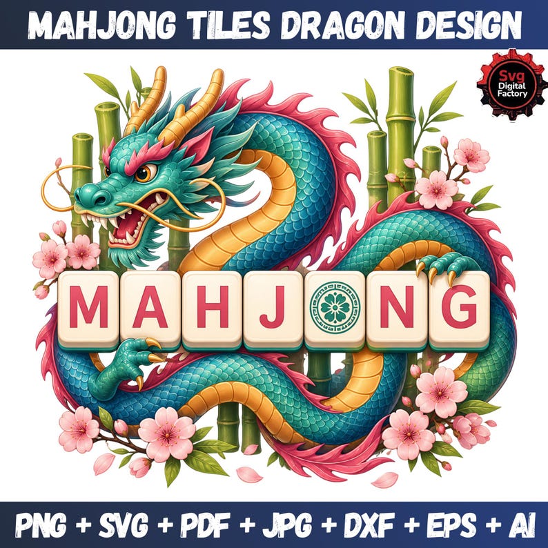 May include: A colorful illustration featuring a dragon design with the text "MAHJONG" in the center. The dragon is teal, blue, and gold, with pink accents and surrounded by bamboo and cherry blossoms. The image includes the text "MAHJONG TILES DRAGON DESIGN" and file type options.