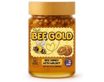 Bee Gold Raw Honey with Whole Walnuts 12 oz - Crunchy Gourmet Snack | Natural Honey Nut Spread | No Added Sugar | Gluten-Free | Glass Jar |