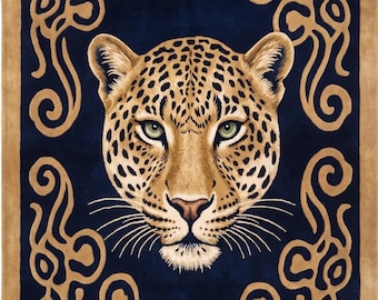 May include: A rectangular area rug featuring a central leopard head with green eyes and black spots against a deep navy blue background. The design is framed by a tan border with intricate, swirling, gold-coloured scrollwork patterns.