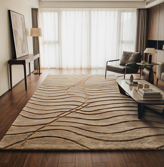 Modern Wool Rug, Handloom Beige and Gold Area Rug, Minimalist Organic Design Decor