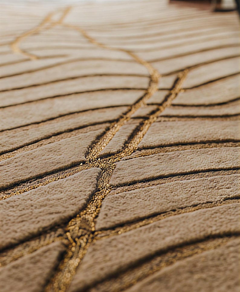 May include: Close-up of a beige rug with a textured, ridged surface. The rug features a golden, linear design that meanders across the surface, creating a unique pattern. The rug's design adds a touch of elegance.