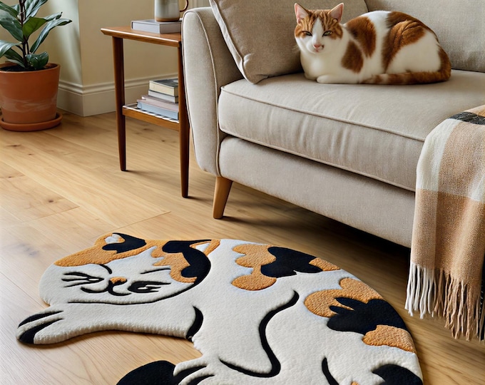 Featured listing image: Hand-Tufted Calico Cat Feline Mat - Wool Sleeping Kitten Floor Accent - Unique Pet Lover Gift