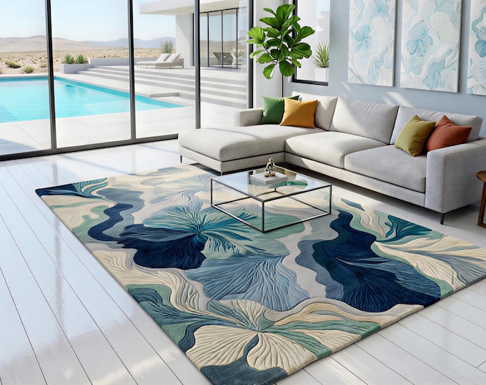 Featured listing image: Hand-Tufted Wool Rug: Navy and Ochre 3D Sculpted Irregular Wave Carpet