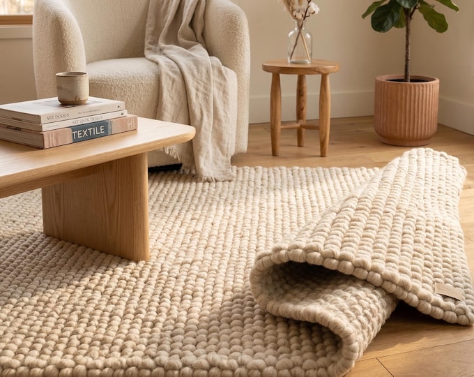 Featured listing image: Handwoven Wool Rug | Chunky Cream Area Rug | Organic Modern Japandi Decor | Thick Boho Carpet