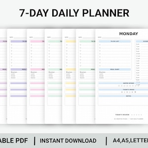 Könnte beinhalten: Ein 7-Tage-Tagesplaner-Set mit sieben vertikalen Seiten, inklusive Montag-Überschrift, Aufgabenliste, Stundenplan von 6 bis 23 Uhr, Ernährungstagebuch, Wasseraufnahme-Tracker, Stimmungssymbolen, Notizbereich und einer Tagesbewertung mit Sternen.
