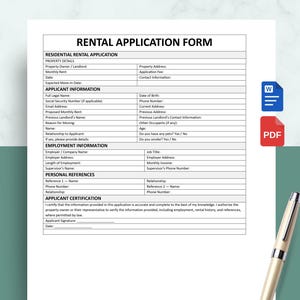 Peut inclure: Un formulaire de demande de location blanc avec du texte noir, comprenant des sections pour les détails de la propriété, les informations du candidat, l'emploi, les références et la certification. Avec icônes Word et PDF et un stylo.