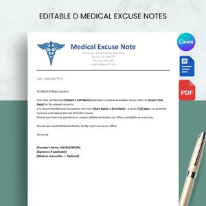 Puede incluir: Una plantilla de justificante médico editable con un símbolo de caduceo azul, el texto Medical Excuse Note y marcadores de posición para datos del paciente y del médico. Incluye iconos de Canva, Word y PDF, junto a un bolígrafo.