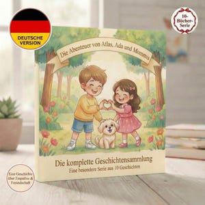 Può includere: Copertina di un libro per bambini con un'illustrazione colorata. Due bambini, un ragazzo in giallo e una ragazza in rosa, formano un cuore con le mani, con un cagnolino tra loro. Il titolo è in tedesco.