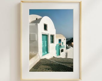 Santorini Turquoise Door Print, Greece Travel Photography, Coastal Wall Art | Digital Download