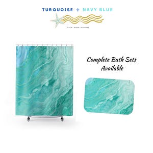 Marbled Aqua Green Shower Curtain & Bath Mat Set: Coastal Bathroom Decor