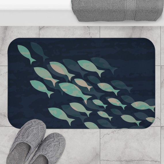 Fishing Navy-blue Aqua Fish Bath Mat for Ocean Bathroom, Teal Fish