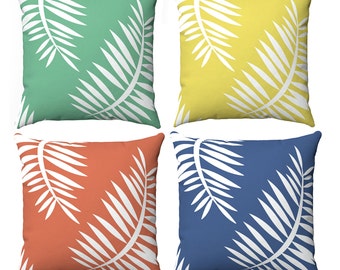 Tropical palm leaf fronds throw pillows, Sea green outdoor pillow covers, Coastal plant leaf outside pillow for beachy tropical living