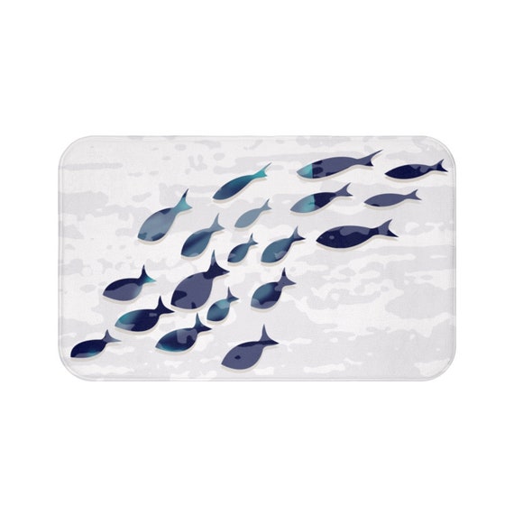 Fishing Bathmat Blue Gray, Padded Fish Floor Mat, Fishing Ocean Padded Rug,  Blue Fish Ocean Water Bath Mat, Gray Water Navy Tub Bathmats 