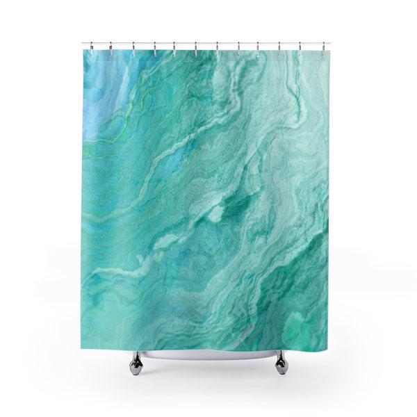 Aqua Blue Green Marbled Shower Curtain, Aqua Bath Curtain, Green Blue Tub Curtain, Aqua Teal Curtain for bathtub, Marbled Aqua bathroom Set