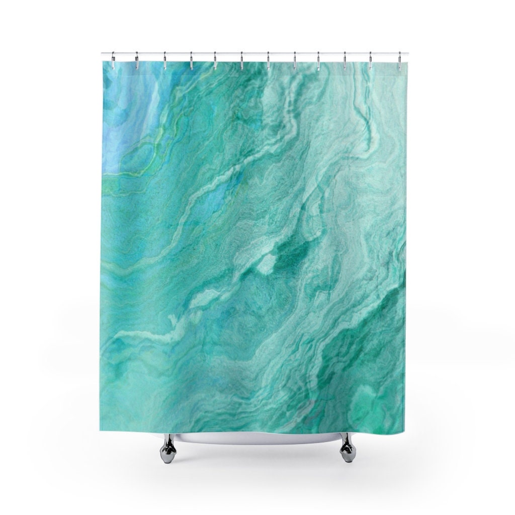 Marble Seafoam Green Shower Curtain Set, Seafoam Marbleized Bathmat N