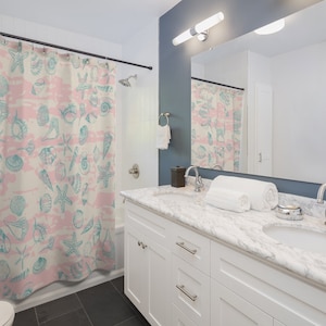 Shower curtain coastal pink teal seashell for bathroom, Coastal teal pink liner for shower, Teal pink liner curtain for coastal bathroom