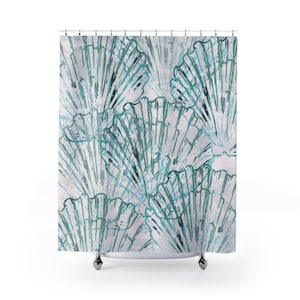May include: A shower curtain featuring a repeating pattern of stylized teal seashells on a white background. The design has a watercolor effect, with brushstroke-like lines creating the shell shapes. The curtain hangs from silver-colored hooks.