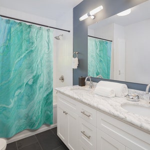 Marble Seafoam Green Shower Curtain Set, Seafoam Marbleized Bathmat N Shower Curtain Set, Green Marble Seafoam Curtain N Mat for Bathroom