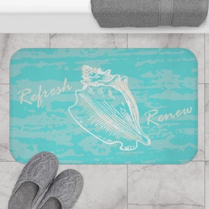 Plush Aqua Shell Bathmat: Coastal Cottage Bathroom Decor