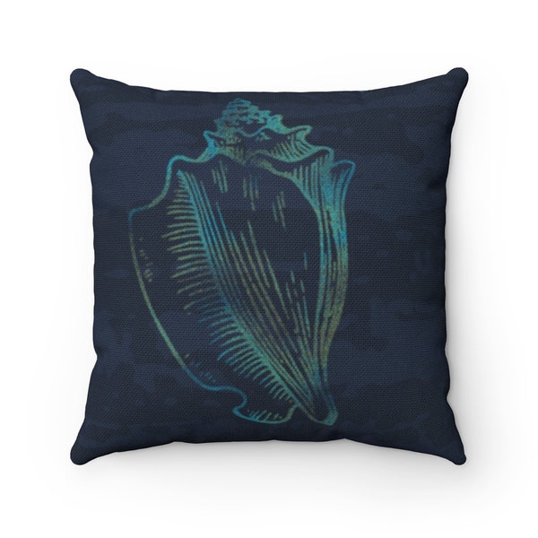 Coastal Navy-Blue Shell Accent Throw Pillow, Soft Oceanside Beach Pillow, Aqua Blue Ocean Pillow, Navy-Blue Bedding Coastal Pillow Cover