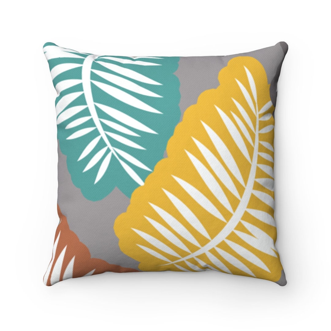 Gray Hawaiian Island Paradise Palm Leaf Pillow, Tropical Island Palm