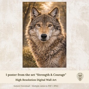 Wolf-Poster zum Ausdrucken – Krafttier-Wandbild für Kinder – Hochwertige Natur- und Mut-Dekoration (Stärke und Mut)