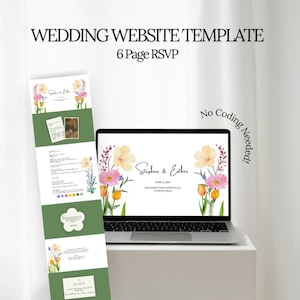 以下が含まれることがあります： フローラルアクセントが施された結婚式のウェブサイトテンプレートが、ラップトップに表示されています。 デザインには、6ページのRSVPレイアウトと「Stephen & Esther」のテキストが含まれています。 別途、緑色のディスプレイには追加のウェブページが表示されています。「No Coding Needed!」のテキストも表示されています。